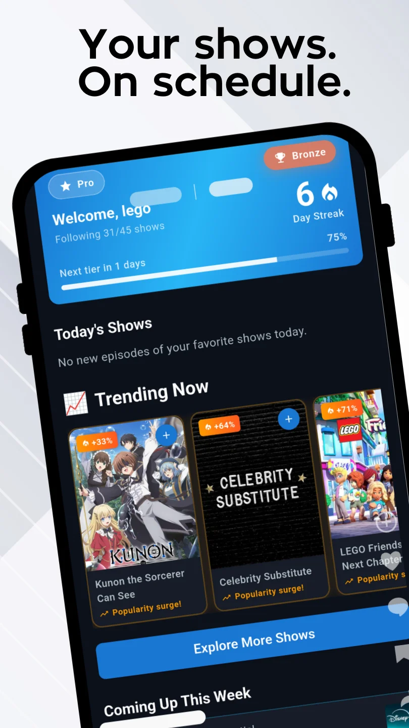 WatchDay app showing trending shows and episode calendar